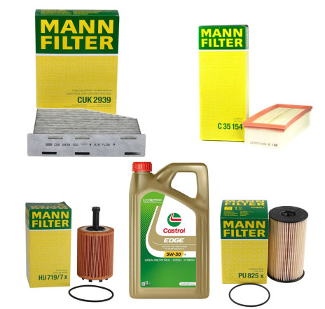 Pachet Revizie Ulei Castrol 5L + Filtre Mann Volkswagen Passat B6 1.9/2.0 TDI (2005-2010) 4 filtre + carbon activ