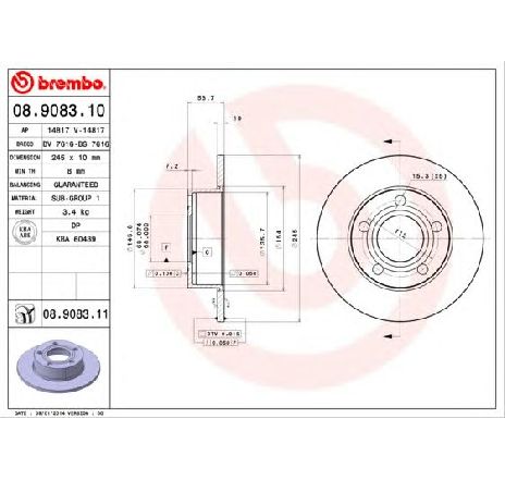 Disc frana BREMBO 08.9083.11</br>Piesa auto pentru Frana disc Disc frana BREMBO 08.9083.11</br>Piesa auto pentru Frana disc