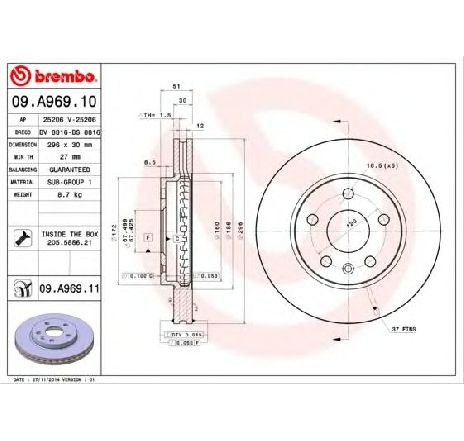 Disc frana BREMBO 09.A969.10</br>Piesa auto pentru Frana disc Disc frana BREMBO 09.A969.10</br>Piesa auto pentru Frana disc