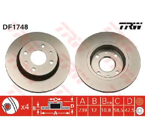 Disc frana TRW DF1748</br>Piesa auto pentru Frana disc Disc frana TRW DF1748</br>Piesa auto pentru Frana disc